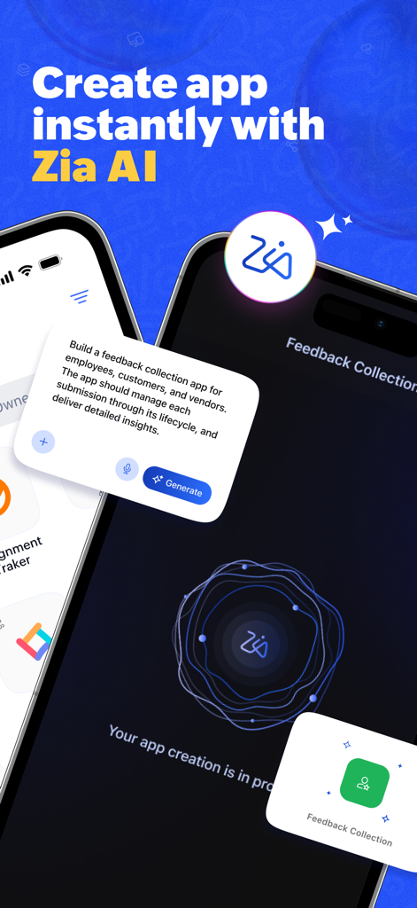 Interfaz móvil de Zoho Creator mostrando a Zia AI generando una aplicación personalizada a partir de una indicación de texto.