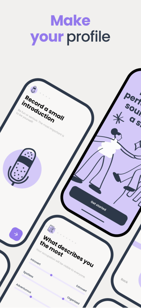 Loby app interface showing profile setup for student roommate matching including personality sliders and audio introduction