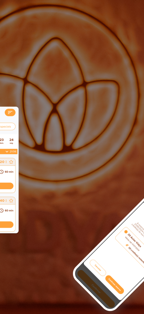 Vidya studio - ヨガクラスのスケジュールと予約確認画面、ロータスのロゴ背景を表示するVidya Studioアプリのインターフェース