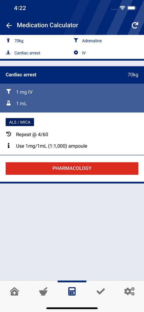 AV CPG - Medication calculator screen within the AV CPG app showing adrenaline dosage instructions for cardiac arrest