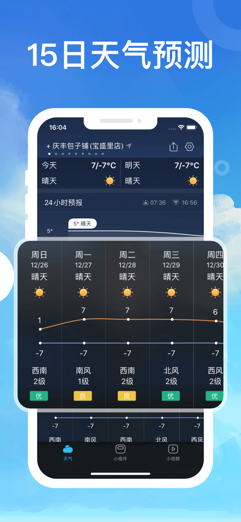 指尖天气预报-2小时降雨预警 - Interface of the Fingertip Weather Forecast app displaying a 15-day weather prediction with detailed daily temperature graphs and air quality indices