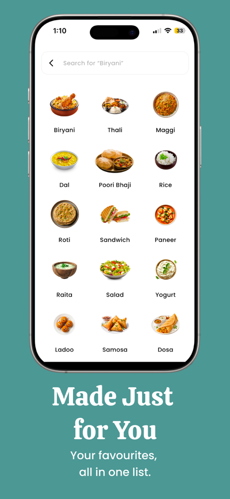 GetDirect - Compare Food Apps - GetDirect mobile app interface showing a grid of popular Indian food categories like Biryani Thali and Dosa