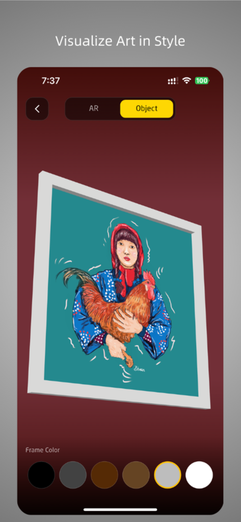 NOUV - Gallery of Masterpieces - A 3D preview of a framed digital painting with customizable frame color options in the NOUV app