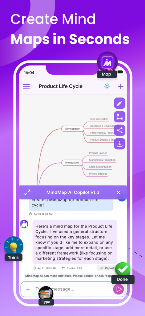 MindMap AIのモバイルアプリインターフェース。製品ライフサイクルとチャットコパイロットのAI生成マインドマップが表示されます。