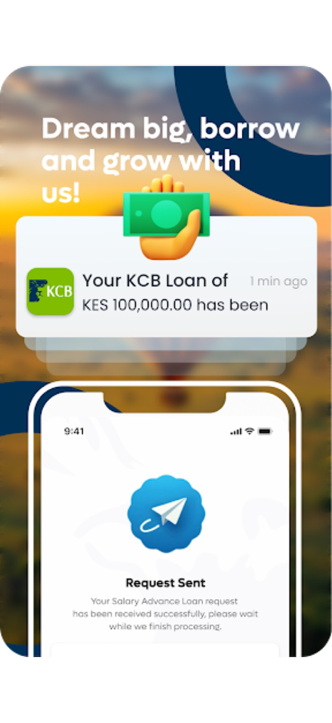 KCB Mobile TZ - A screen from the KCB Mobile TZ app showing a successful salary advance loan request confirmation.