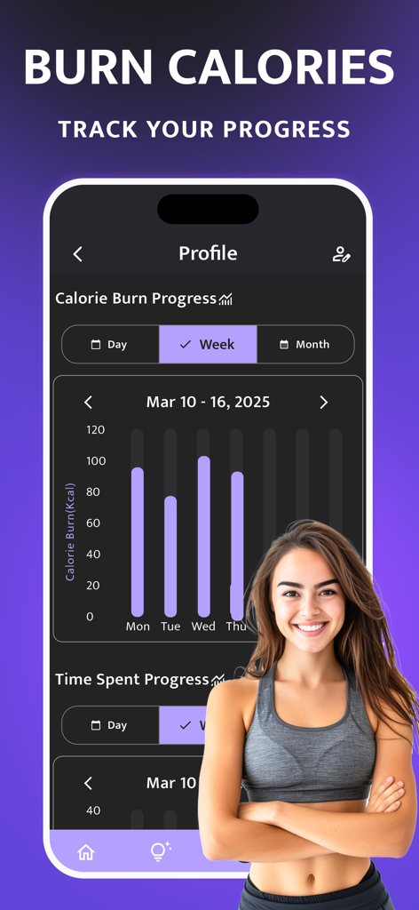 Workout for Women, Fitness - Workout for Women app screen showing calorie burn and time spent progress charts