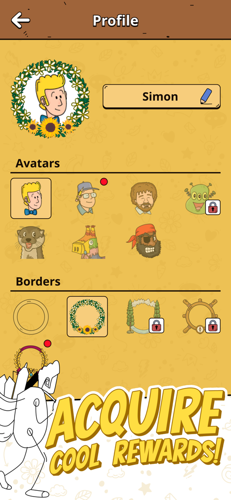 Scribble It! Draw & Guess - Scribble It app profile customization screen showing different character avatars and decorative borders