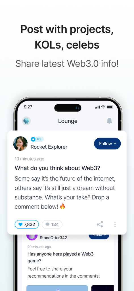 FABLO - Play, Earn & Level up - The community lounge in the FABLO app showing social posts and discussions about Web3 trends