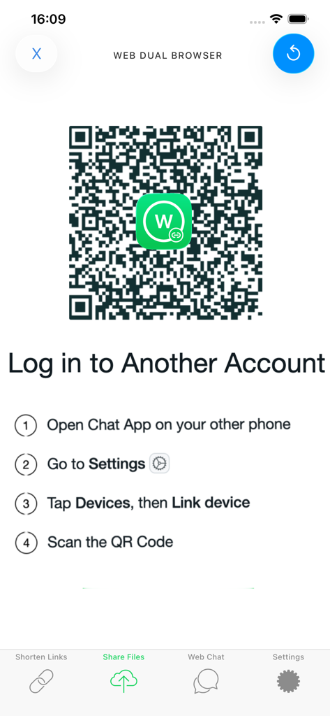 Web Dual app login screen showing a QR code and instructions to link a second messaging account