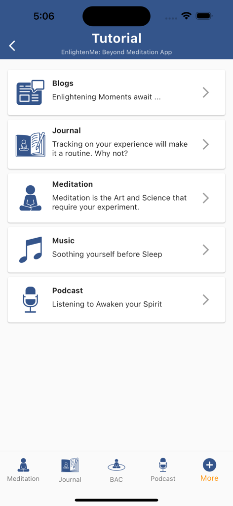 EnlightenMe 앱의 튜토리얼 화면, 블로그, 저널, 명상 음악, 팟캐스트 옵션이 포함된 메뉴 표시