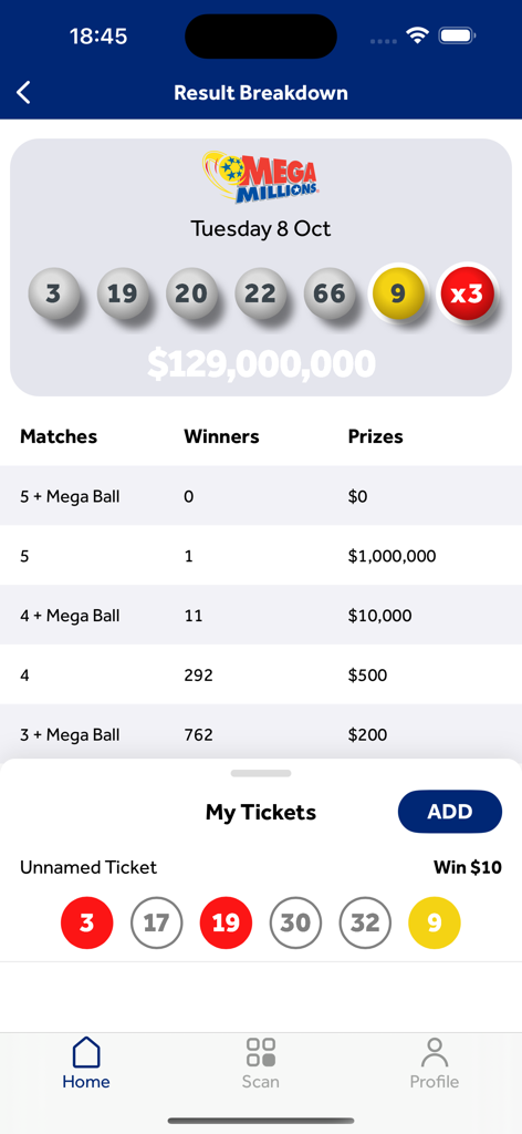 Texas Lottery Scanner - Mega Millions draw results and ticket win status in the Texas Lottery Scanner app.