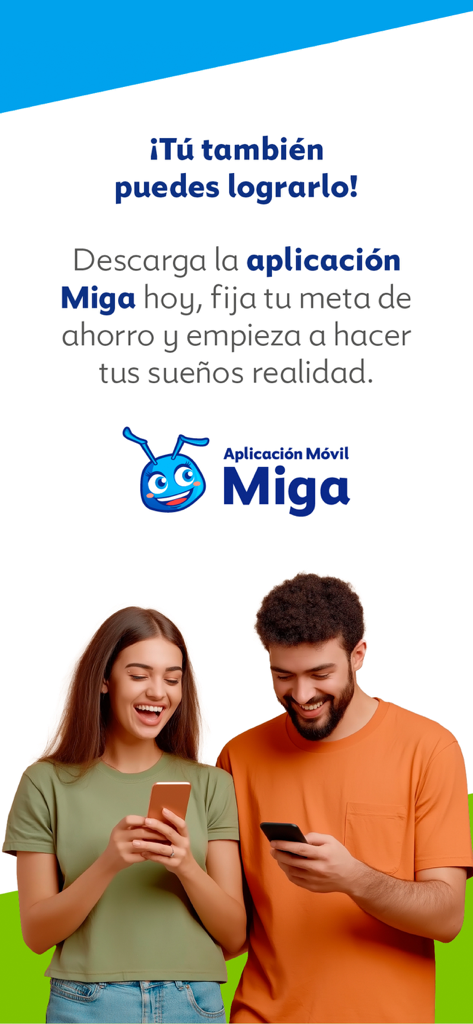 Aplicación Miga - A smiling young Hispanic couple looking at their smartphones with the Miga app logo and text about achieving savings goals.