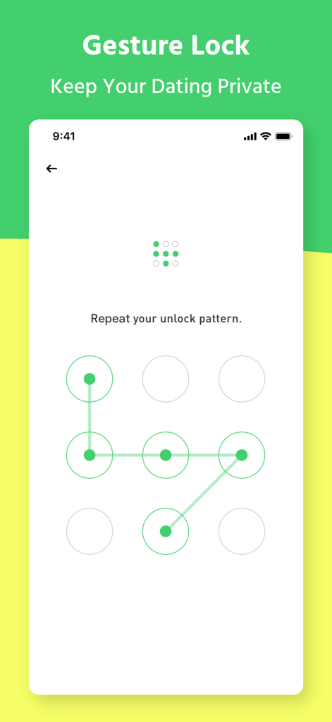 Screenshot des Geste-Sperrbildschirms der MPWH-App, der ein Entsperrmuster für verbesserte Benutzerprivatsphäre zeigt