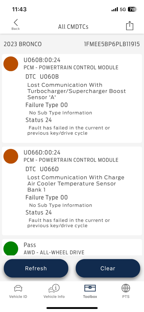 Ford DiagNow app screen displaying diagnostic trouble codes for a 2023 Ford Bronco including powertrain and AWD module status.