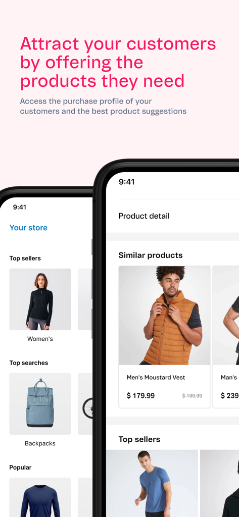 VTEX Sales App - Interface do VTEX Sales App mostrando recomendações de produtos personalizadas e itens de varejo mais vendidos