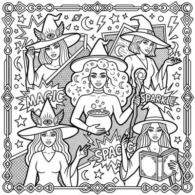 Discover a coven of stylish witches brought to life with a dynamic Pop Art flair. This captivating coloring page combines mystical charm with vibrant comic-book energy, perfect for creative minds.