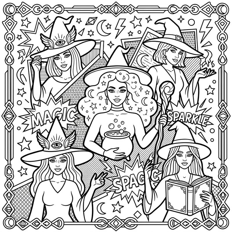 Discover a coven of stylish witches brought to life with a dynamic Pop Art flair. This captivating coloring page combines mystical charm with vibrant comic-book energy, perfect for creative minds.