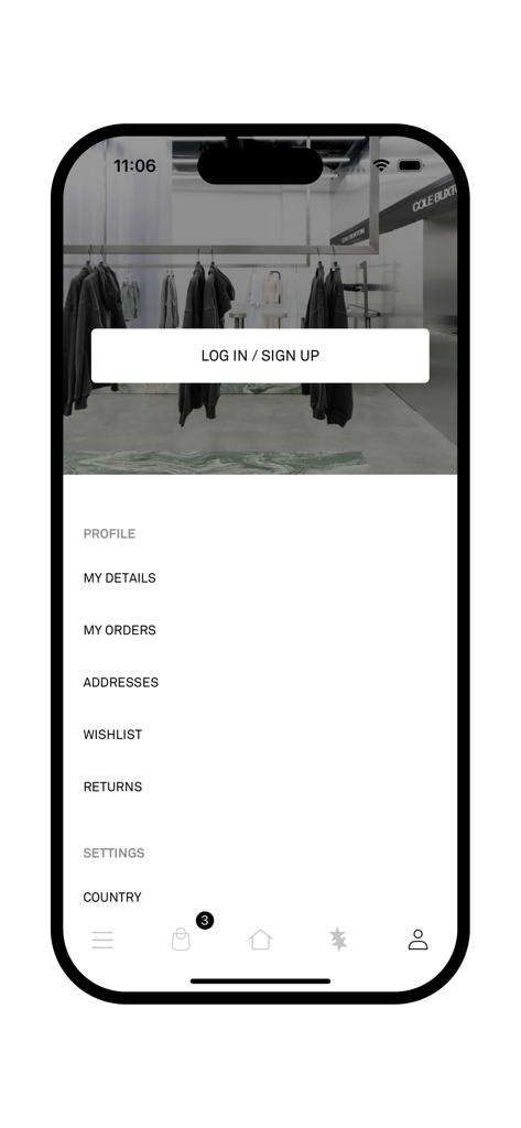 Cole Buxton - La schermata del profilo utente dell'app mobile Cole Buxton con un menu minimalista per ordini e impostazioni.