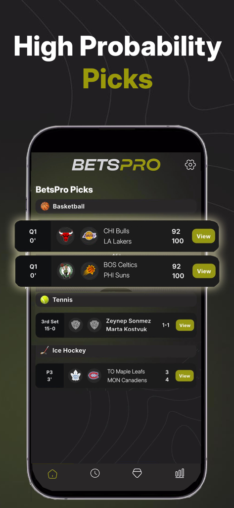 BetsPro AI - BetsPro AI App-Oberfläche mit Sportwetten-Picks mit hoher Wahrscheinlichkeit für mehrere Sportarten