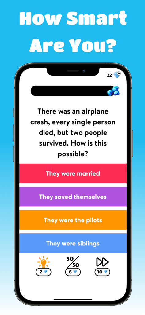 Mobile screen showing a logic riddle about an airplane crash from the Idiot Test quiz game.