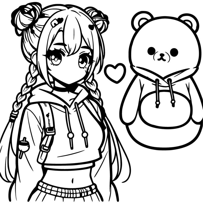 anime girl with hair braided,crop top,boba and bear hoodie