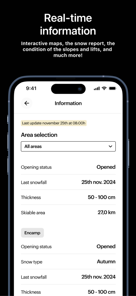 Grandvalira Resorts 앱 인터페이스, 실시간 눈 보고서 및 슬로프 정보 표시