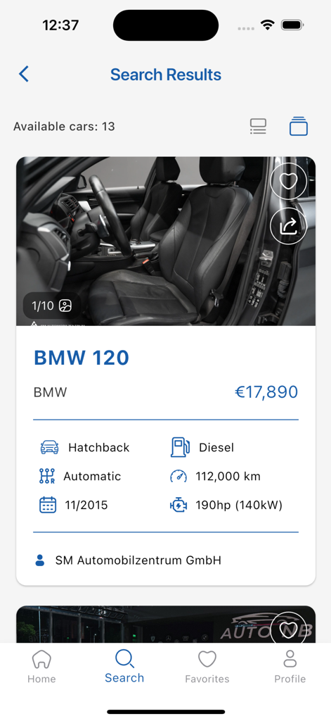 autopoint.mk - Search results page in the AutoPoint app displaying a BMW 120 listing with price and vehicle details.