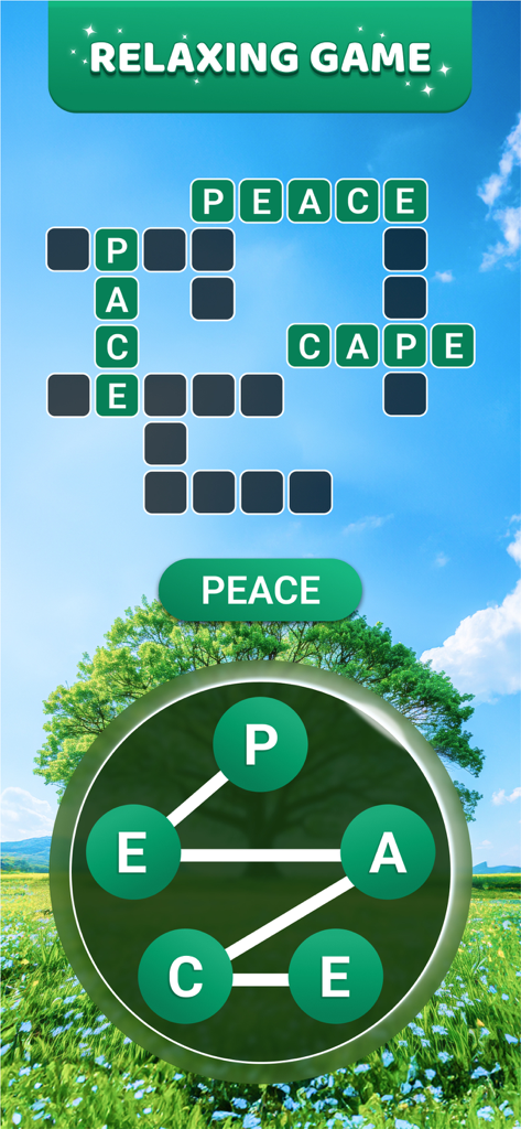 Word Bliss - from PlaySimple - Word Bliss mobile game interface featuring word puzzles and a serene nature background.