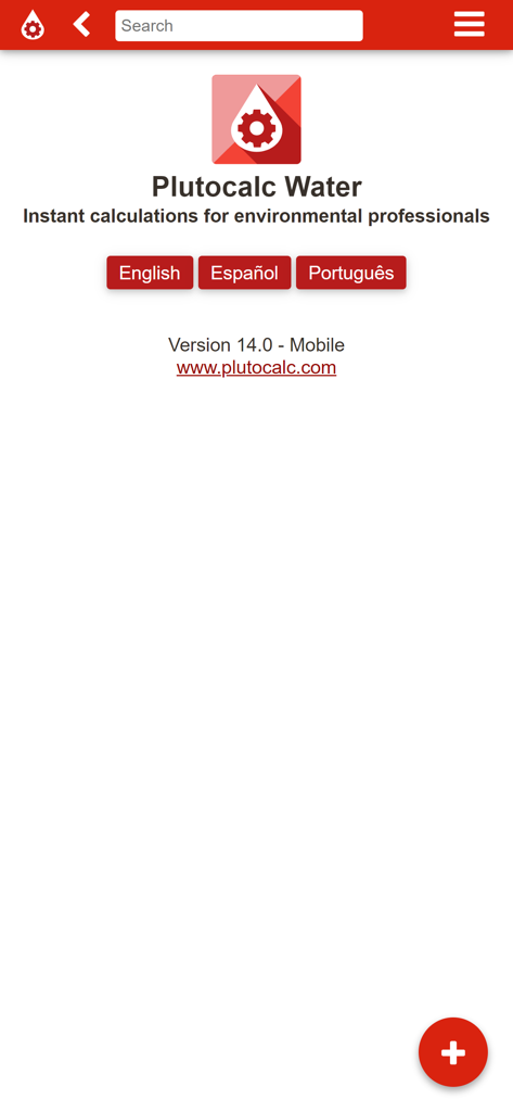 Écran d'accueil de l'application Plutocalc Water affichant les options de langue et les outils de calcul d'ingénierie