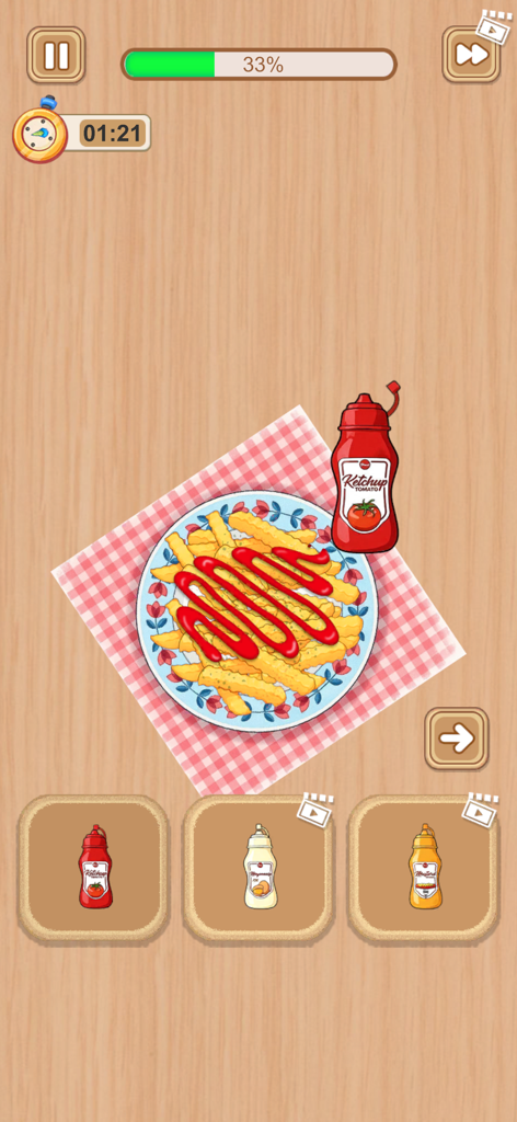 Crazy Kitchen Set Cooking ASMR - Una pantalla de juego que muestra un plato de papas fritas siendo decorado con kétchup en una simulación de cocina ASMR.