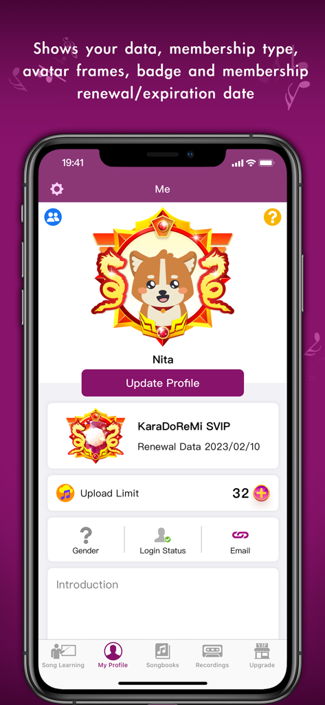 KaraDoReMi - Your Karaoke Pal - Interfaz de perfil de usuario en la aplicación KaraDoReMi que muestra la membresía SVIP y el marco de avatar personalizado