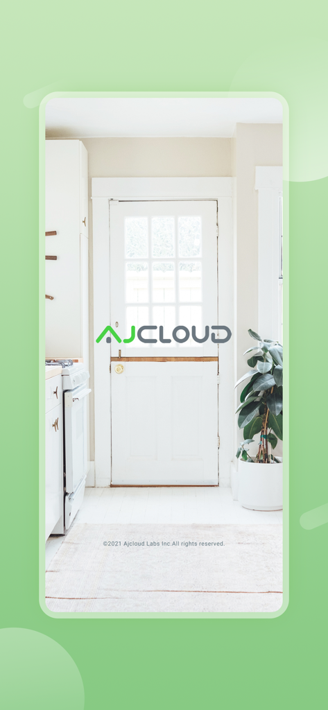 AJCloud app logo displayed over a bright and clean home interior with a white door and house plant.