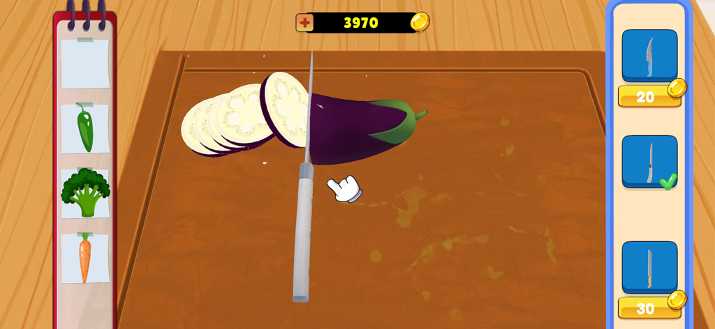 Cooking Master: Chef Game - Gameplay of Cooking Master Chef Game showing a virtual knife slicing an eggplant on a cutting board