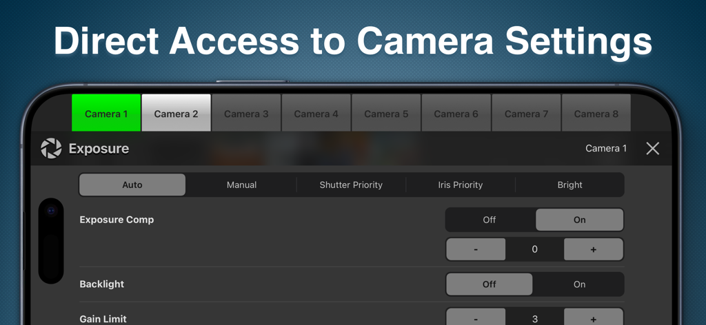 Interface of PanTiltZoom app showing direct access to camera exposure settings and multi camera selection