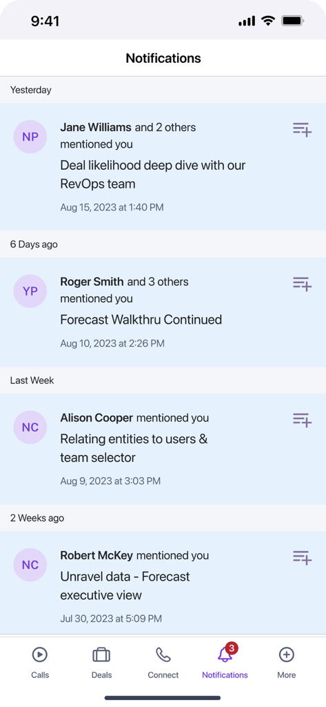 Gong.io - The notifications screen of the Gong app showing team mentions and deal updates for sales professionals.