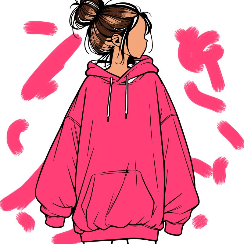 realistic girl with a oversized sweatshirt on and a bun
