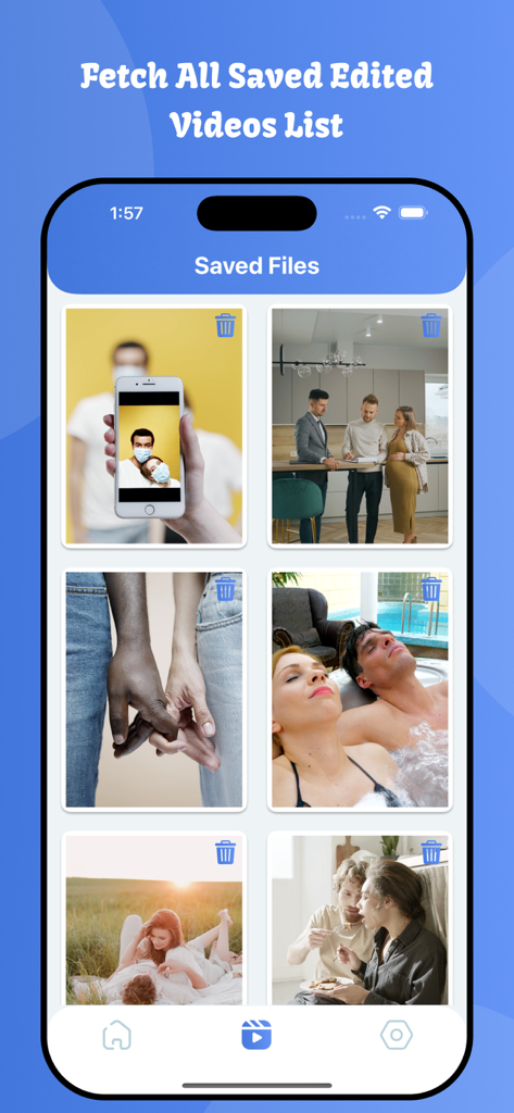 Video Cutter: Trim and Merge - グリッドレイアウトで保存された動画編集のリストを表示するモバイルアプリ画面。