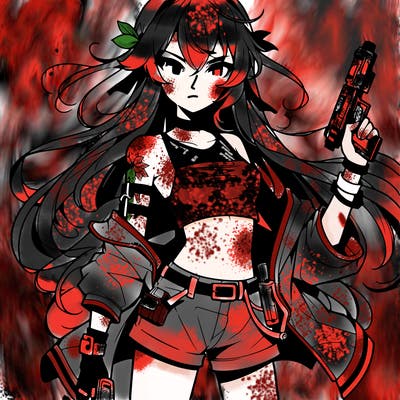 bad girl wearing crop top holding a gun long hair anime