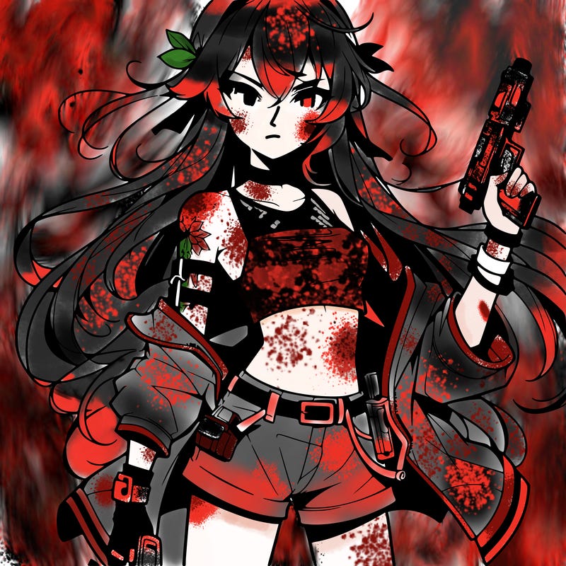 bad girl wearing crop top holding a gun long hair anime