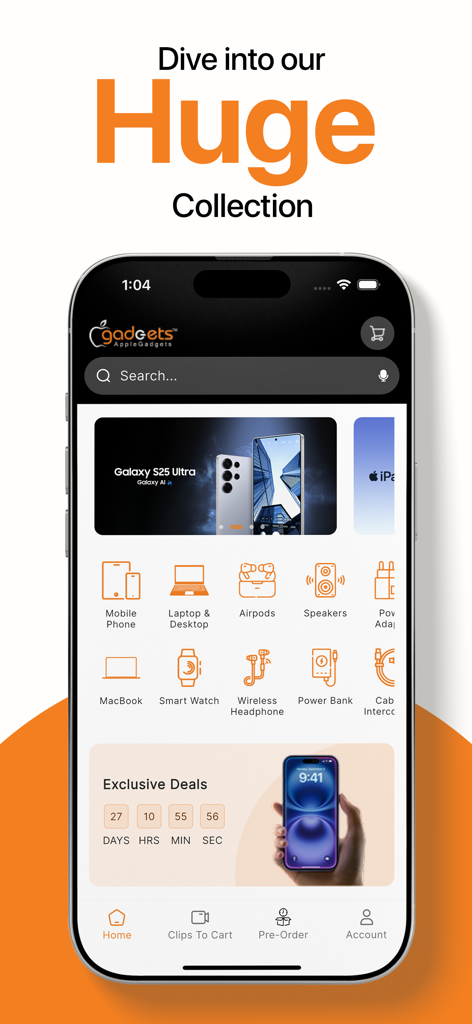 Apple Gadgets - Tech Shopping - Apple Gadgets app home screen showcasing various tech categories and exclusive deals