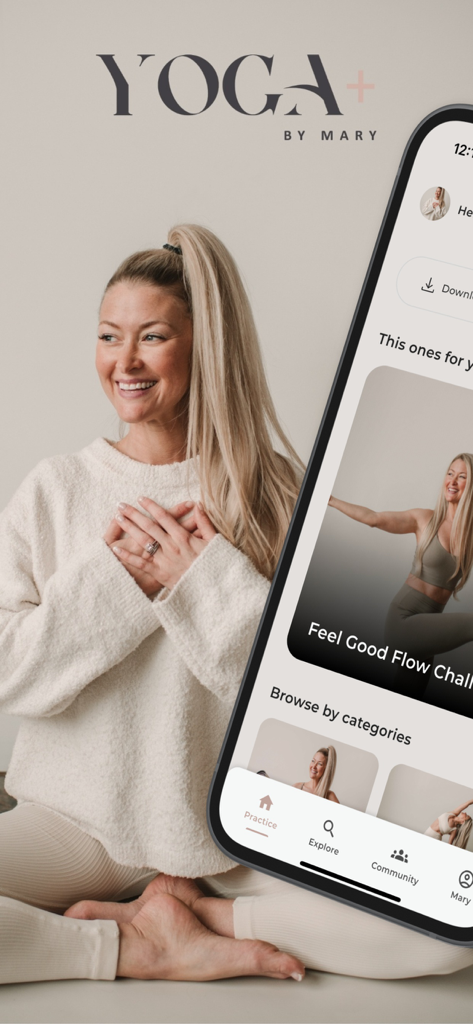 Promotional image for the Yoga plus by Mary app featuring founder Mary Ochsner and the mobile interface.
