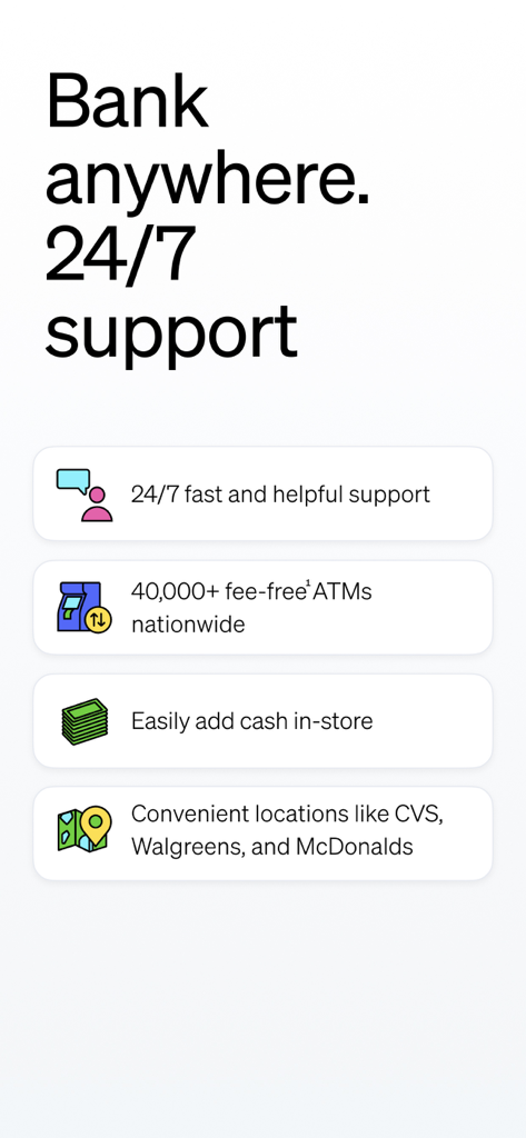 Current - Mobile Banking - Current mobile banking features showcasing 24-7 support and fee-free ATM network