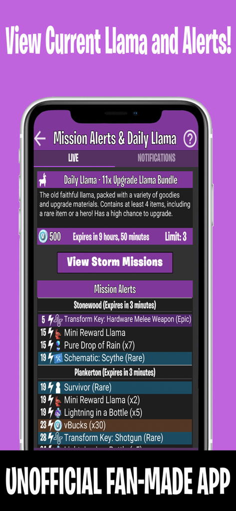Companion for Fortnite - Interface of the Companion for Fortnite app showing Save the World mission alerts and daily llama rewards