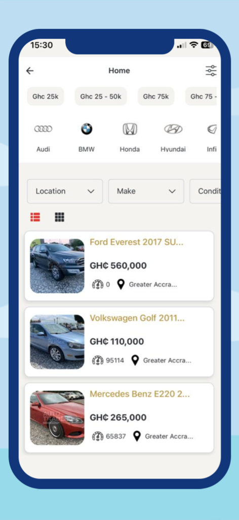 Autotrader gh - The Autotrader ghana mobile app interface showing vehicle listings with prices in GH₵ and brand search filters