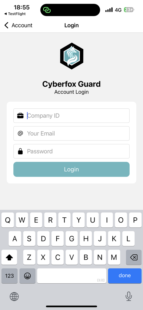 CyberFox Guard - Pantalla de inicio de sesión de la cuenta CyberFox Guard que muestra campos para el ID de empresa, correo electrónico y contraseña