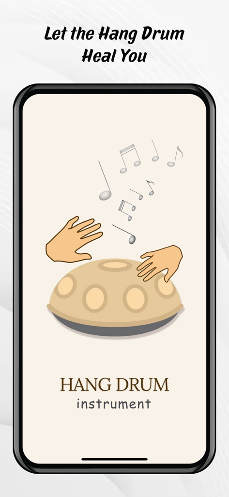Pantalla introductoria de la aplicación Hang Drum Instrument mostrando un handpan siendo tocado con notas musicales