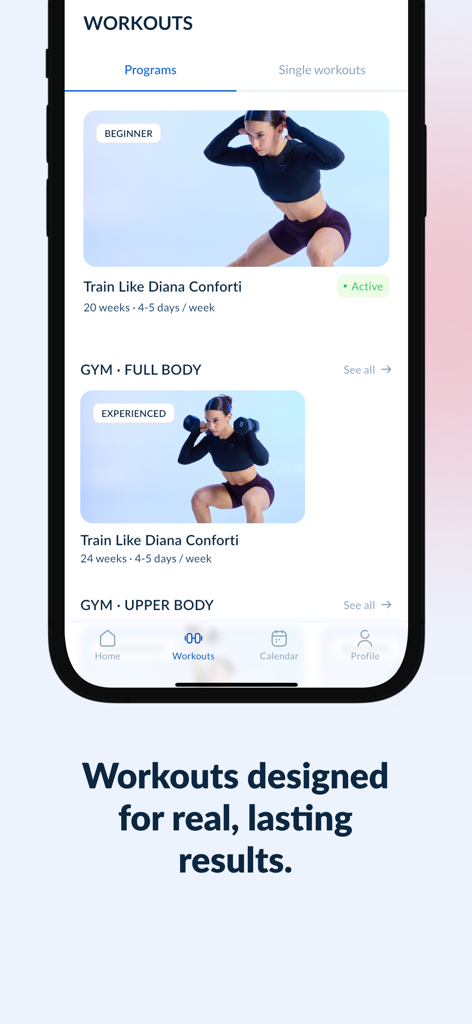 Captura de pantalla de la aplicación Plan Over Mood mostrando programas de fitness para principiantes y niveles experimentados