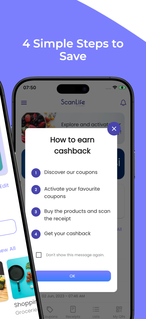 ScanLife app screen showing four simple steps to earn cashback by scanning grocery receipts.