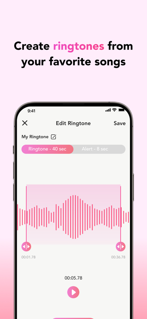 ClipTone app interface showing a song waveform for editing and creating custom ringtones.