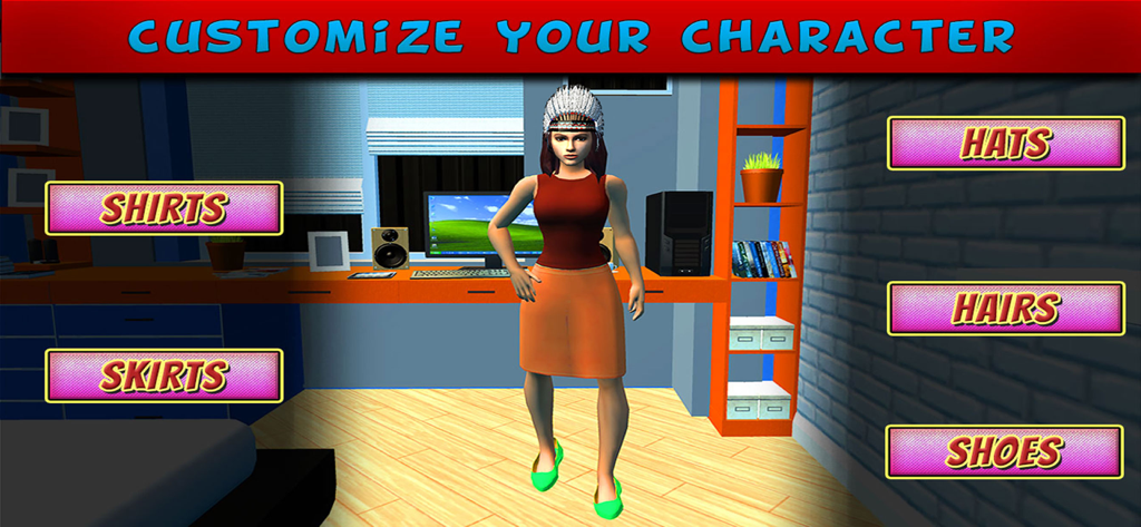Real Mother Simulator - A character customization screen in Real Mother Simulator showing a woman with options for shirts, skirts, hats, hair, and shoes.